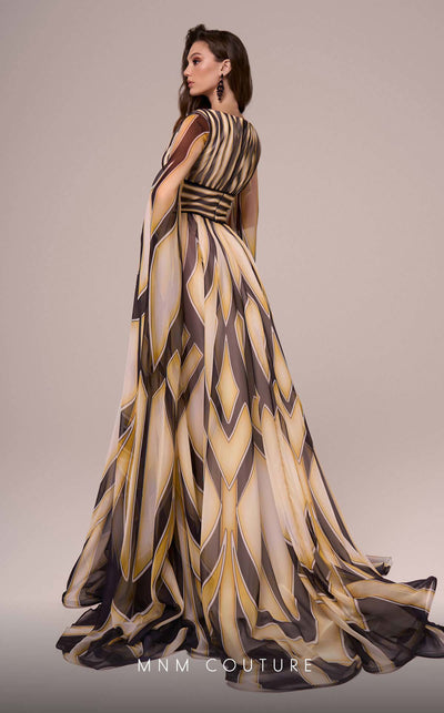 MNM Couture F02862 chiffon gown with deep V-neck and printed motif. | Couture Shop LA