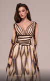 MNM Couture F02862 chiffon gown with deep V-neck and printed motif. | Couture Shop LA