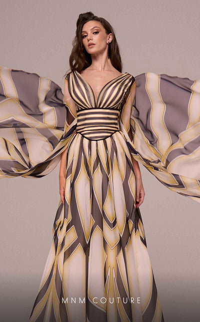 MNM Couture F02862 chiffon gown with deep V-neck and printed motif. | Couture Shop LA