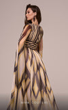 MNM Couture F02862 chiffon gown with deep V-neck and printed motif. | Couture Shop LA