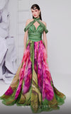 MNM Couture F02864 Grecian neck digital print chiffon gown with back tail.