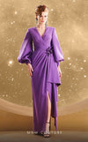 MNM Couture F02866 crepe gown with V-neck and Roman skirt.