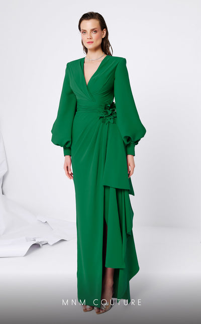 MNM Couture F02866 crepe gown with V-neck and Roman skirt. | Couture Shop LA