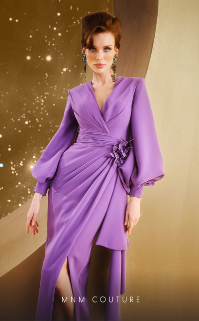 MNM Couture F02866 crepe gown with V-neck and Roman skirt. | Couture Shop LA