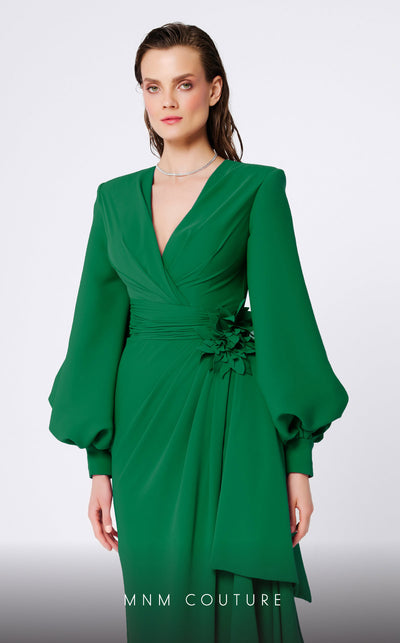 MNM Couture F02866 crepe gown with V-neck and Roman skirt. | Couture Shop LA