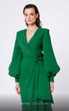 MNM Couture F02866 crepe gown with V-neck and Roman skirt. | Couture Shop LA