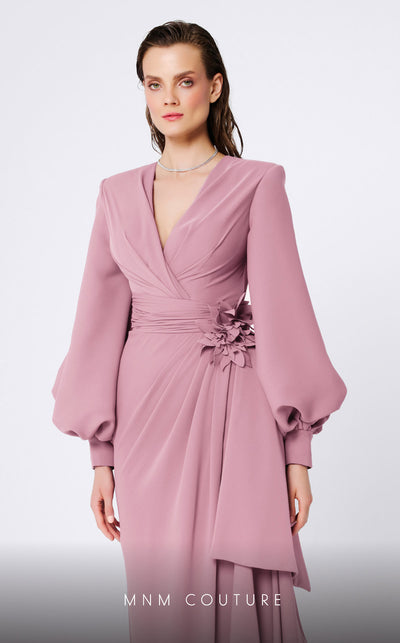 MNM Couture F02866 crepe gown with V-neck and Roman skirt. | Couture Shop LA