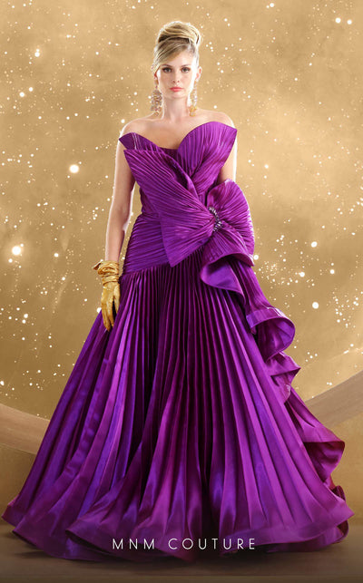 MNM Couture F02867 strapless organza gown with flared A-line skirt and stone embellishments. | Couture Shop LA