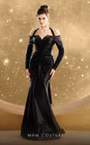 MNM Couture F02870 crepe lameh gown with halter strap and sequin lace.