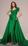 MNM Couture F02877 brocade gown with asymmetrical neckline and rosette.