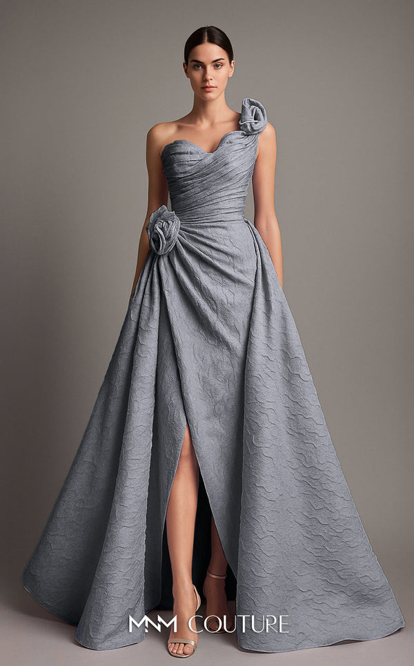 MNM Couture F02877 brocade gown with asymmetrical neckline and rosette. | Couture Shop LA