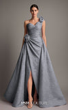 MNM Couture F02877 brocade gown with asymmetrical neckline and rosette. | Couture Shop LA