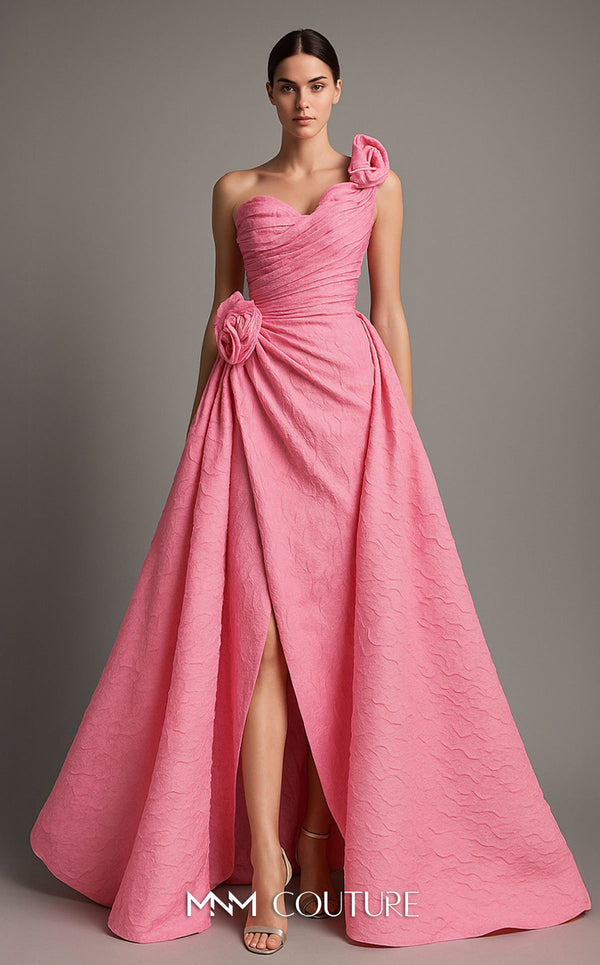 MNM Couture F02877 brocade gown with asymmetrical neckline and rosette. | Couture Shop LA