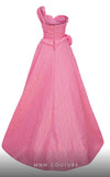 MNM Couture F02877 brocade gown with asymmetrical neckline and rosette. | Couture Shop LA