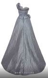 MNM Couture F02877 brocade gown with asymmetrical neckline and rosette. | Couture Shop LA