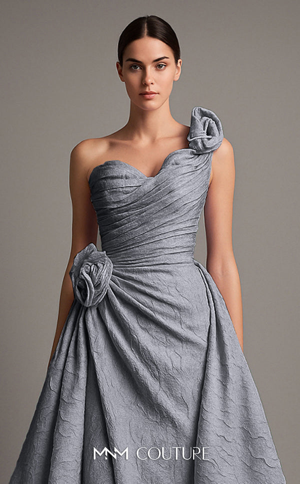 MNM Couture F02877 brocade gown with asymmetrical neckline and rosette. | Couture Shop LA