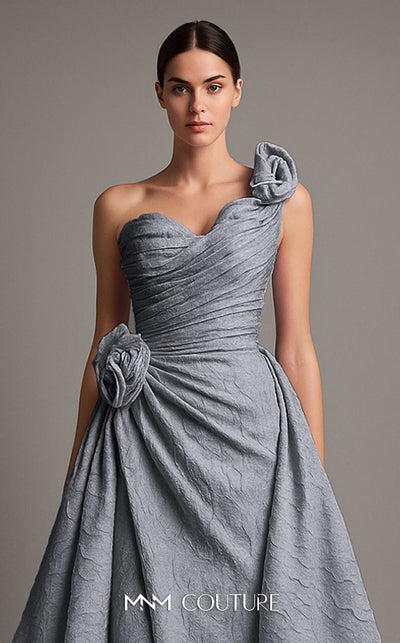 MNM Couture F02877 brocade gown with asymmetrical neckline and rosette. | Couture Shop LA