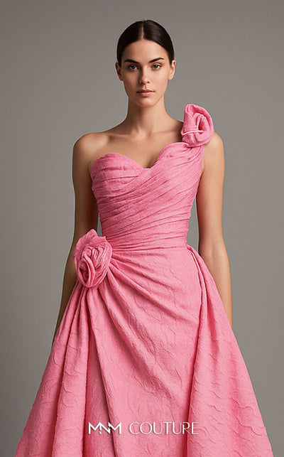 MNM Couture F02877 brocade gown with asymmetrical neckline and rosette. | Couture Shop LA