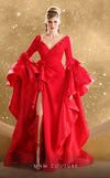 MNM Couture Style F02879 showcasing a full-length red satin gown with a deep V-neckline, high slit, long sleeves with dramatic layered ruffles, and floral appliqués. | Couture Shop LA