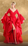 MNM Couture Style F02879 showcasing a full-length red satin gown with a deep V-neckline, high slit, long sleeves with dramatic layered ruffles, and floral appliqués. | Couture Shop LA