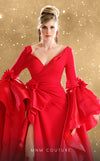 MNM Couture Style F02879 showcasing a full-length red satin gown with a deep V-neckline, high slit, long sleeves with dramatic layered ruffles, and floral appliqués. | Couture Shop LA