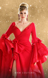 MNM Couture Style F02879 showcasing a full-length red satin gown with a deep V-neckline, high slit, long sleeves with dramatic layered ruffles, and floral appliqués. | Couture Shop LA