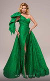 MNM Couture F02881A brocade gown with asymmetrical neckline and bow.