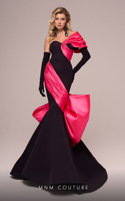 MNM Couture F02883 rayon crepe organza gown with sweetheart lining and floral bow. | Couture Shop LA