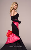 MNM Couture F02883 rayon crepe organza gown with sweetheart lining and floral bow. | Couture Shop LA