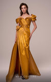 MNM Couture F02884 taffeta gown with off-shoulder design and pleated sweetheart neckline.