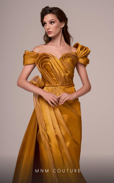 MNM Couture F02884 taffeta gown with off-shoulder design and pleated sweetheart neckline. | Couture Shop LA