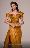 MNM Couture F02884 taffeta gown with off-shoulder design and pleated sweetheart neckline. | Couture Shop LA