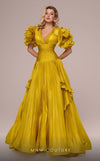 MNM Couture F02885 V-neck gown with accordion pleats and layered skirt.