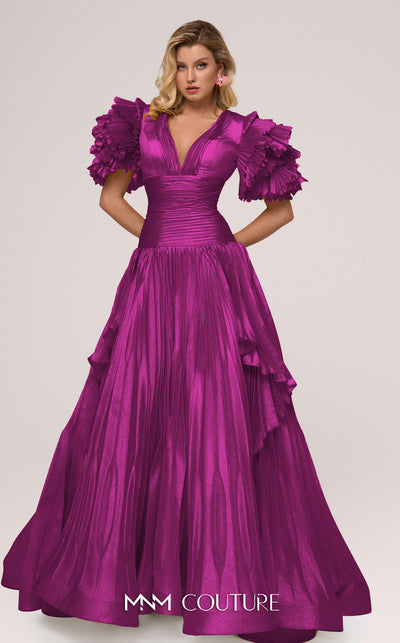 MNM Couture F02885 V-neck gown with accordion pleats and layered skirt. | Couture Shop LA