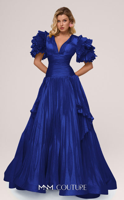 MNM Couture F02885 V-neck gown with accordion pleats and layered skirt. | Couture Shop LA