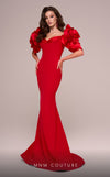 MNM Couture F02886 rayon crepe gown with sweetheart neckline and floral appliques.