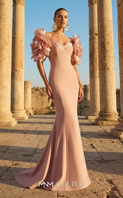 MNM Couture F02886 rayon crepe gown with sweetheart neckline and floral appliques. | Couture Shop LA