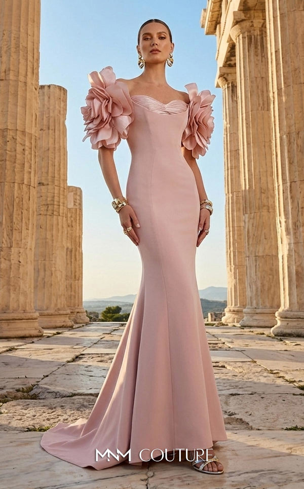 MNM Couture F02886 rayon crepe gown with sweetheart neckline and floral appliques. | Couture Shop LA