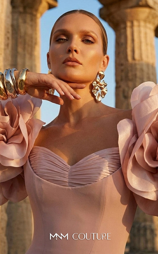 MNM Couture F02886 rayon crepe gown with sweetheart neckline and floral appliques. | Couture Shop LA