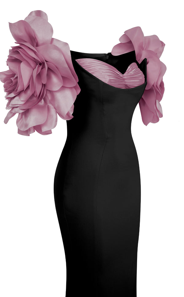 MNM Couture F02886 rayon crepe gown with sweetheart neckline and floral appliques. | Couture Shop LA