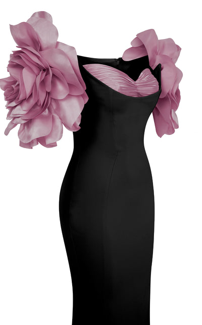 MNM Couture F02886 rayon crepe gown with sweetheart neckline and floral appliques. | Couture Shop LA