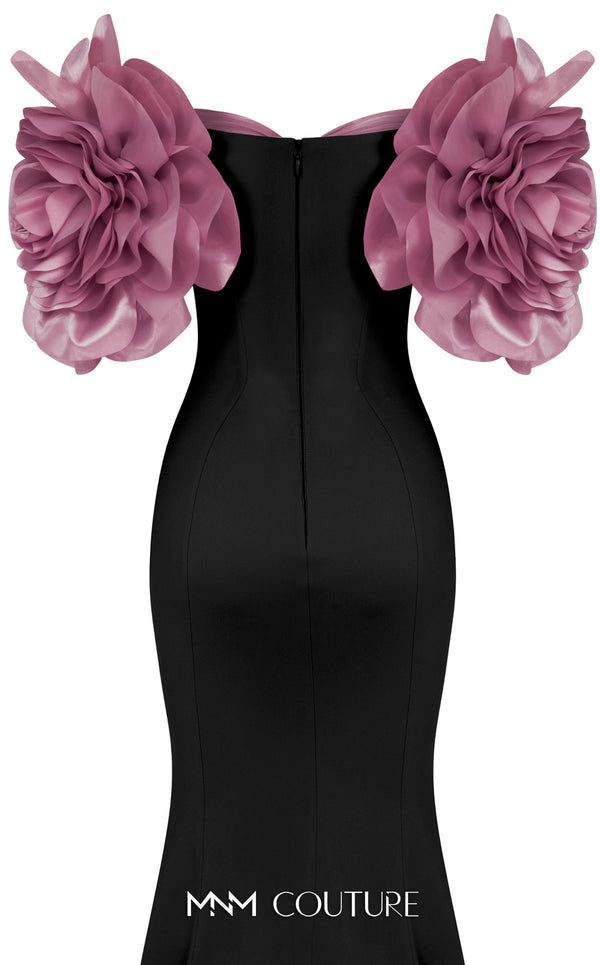 MNM Couture F02886 rayon crepe gown with sweetheart neckline and floral appliques. | Couture Shop LA