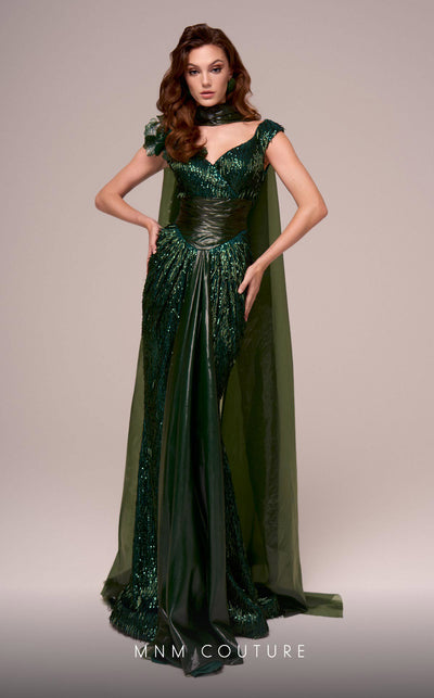 MNM Couture F02889 mesh embroidery gown with V-neck and sequin fringes. | Couture Shop LA