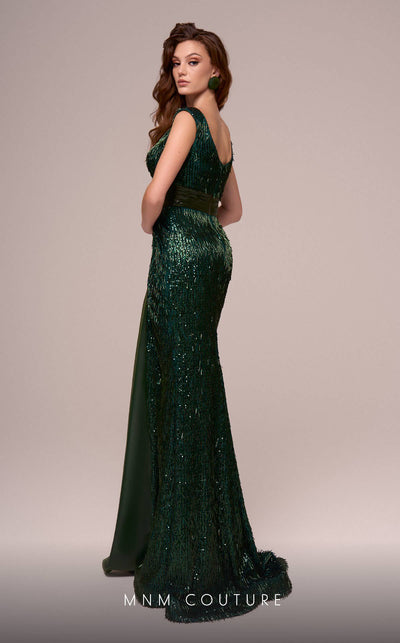 MNM Couture F02889 mesh embroidery gown with V-neck and sequin fringes. | Couture Shop LA