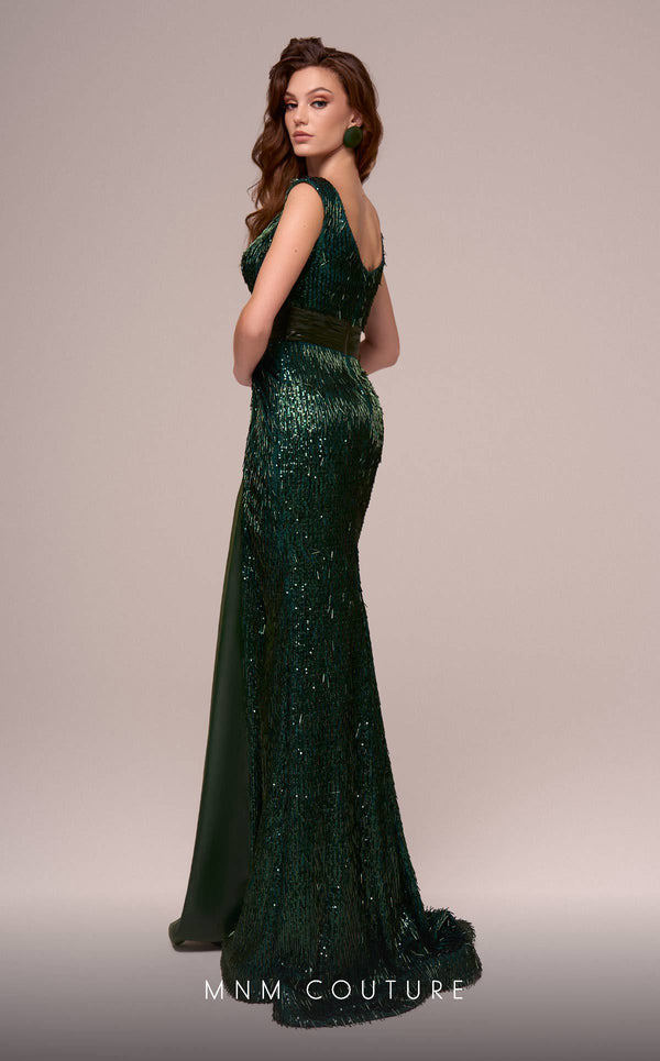 MNM Couture F02889 mesh embroidery gown with V-neck and sequin fringes. | Couture Shop LA