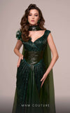 MNM Couture F02889 mesh embroidery gown with V-neck and sequin fringes. | Couture Shop LA