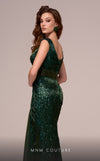 MNM Couture F02889 mesh embroidery gown with V-neck and sequin fringes. | Couture Shop LA