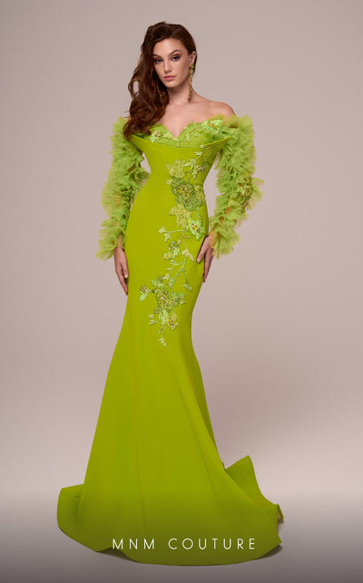 MNM Couture F02891 sweetheart mermaid gown with embroidered organza and ruffle sleeves. | Couture Shop LA