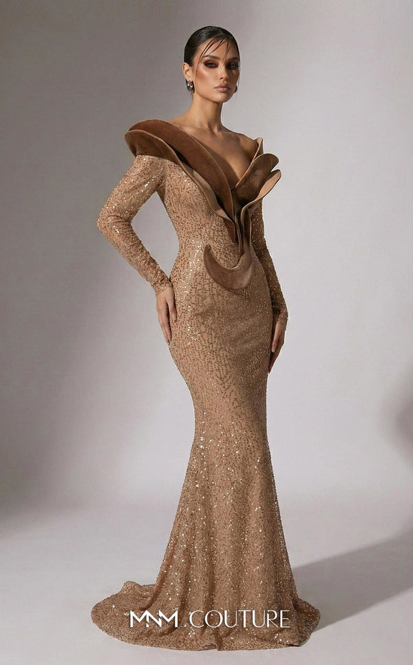 MNM Couture F02896A sequin and velvet off-shoulder mermaid gown with V-neckline, long sleeves, and sculptural molded velvet paneling | Couture Shop LA.