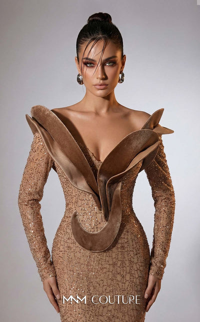 MNM Couture F02896A sequin and velvet off-shoulder mermaid gown with V-neckline, long sleeves, and sculptural molded velvet paneling | Couture Shop LA.